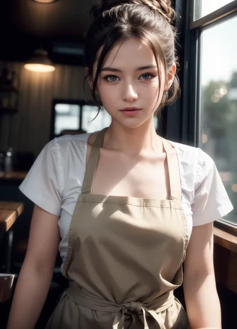 waitress serving food in a small diner, loose shirt, apron, beautiful expressive eyes, detailed eyes, hair in a messy bun, happy, dynamic lighting, photorealistic, 8k uhd natural lighting, raw, rich, intricate details, key visual, atmospheric lighting, 35mm photograph, bokeh, professional, 4k, highly detailed