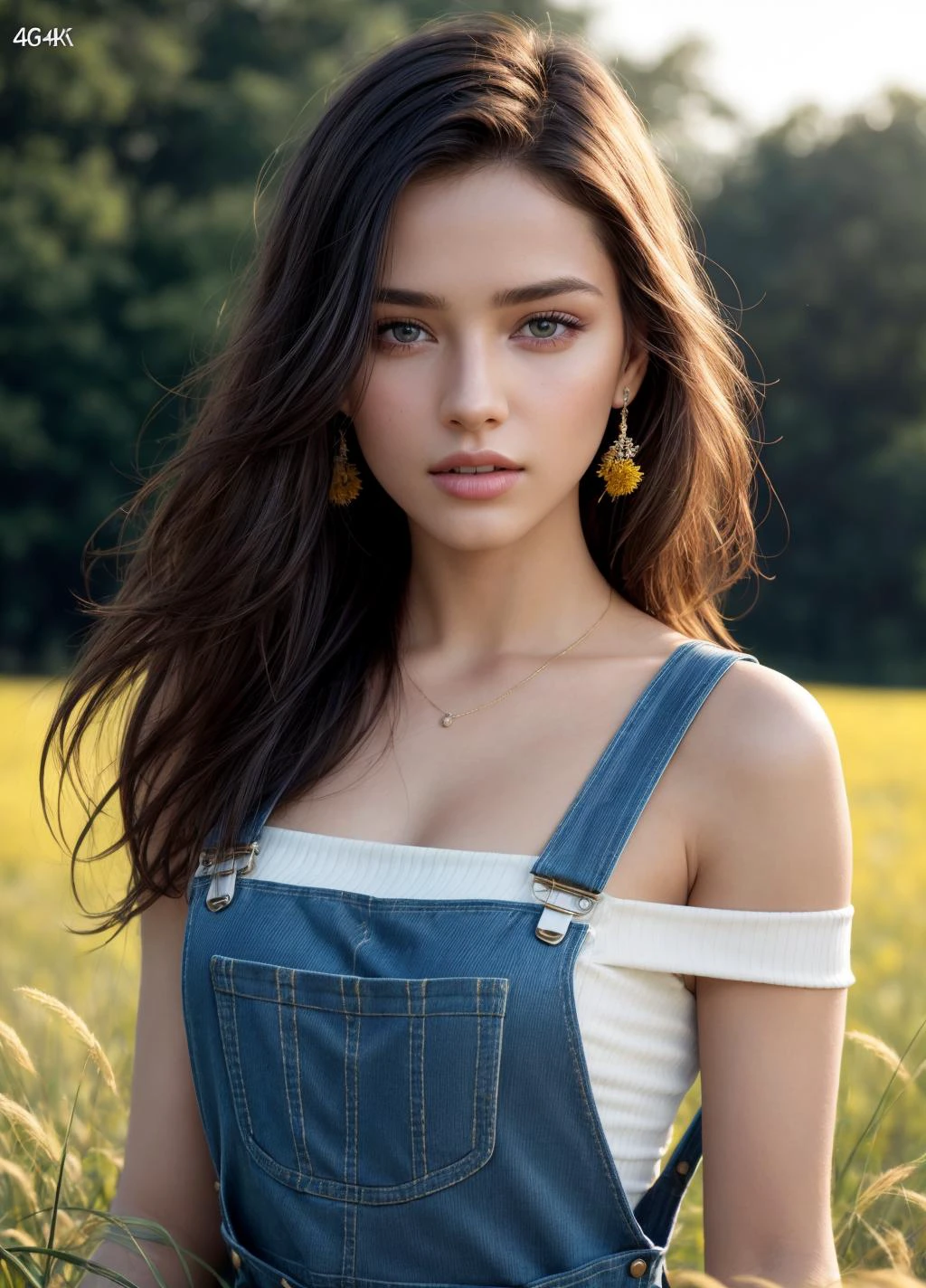 1girl, 16mm, remarkable color, ultra realistic, analog photo, Beautiful super model, highly detailed face, seducing eyes, wearing overalls, cropped off-shoulder tank top, in a field of grass. Bright sunny day. bokeh, professional, 4k, highly detailed dynamic lighting, photorealistic, intricate details, key visual, vivid colors