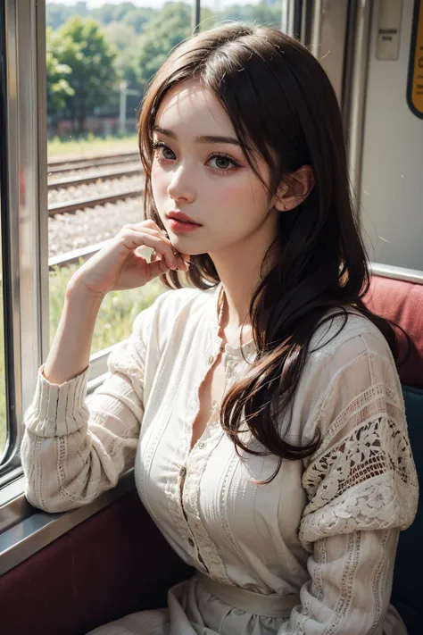 1girl, looking outside, in train, modern, relaxing, intricate details, ((beautiful face)), (((best quality, masterpiece))),(((realistic))),