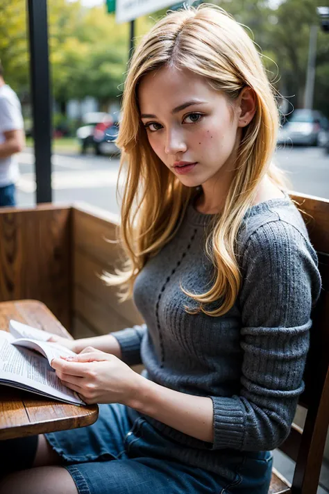 1girl, in cafe, reading book, modern, relaxing, intricate details, blonde hair, ((beautiful face)), (((best quality, masterpiece))),(((realistic))),