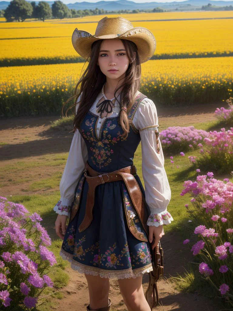 best quality,HDR,UHD,8K,Vivid Colors,solo,photo_,(1girl:1.3),(standing:1.3),(looking at viewer:1.4),Elegant,detailed gorgeous face,(cowboy shot:1.2),morning,(flower field background:1.2),black eye,sunlight,dappled sunlight,marginal light,<lora:shoujibackground:0.5>,<lora:Twinkle20:0.75>,Twinkle,ribbon,