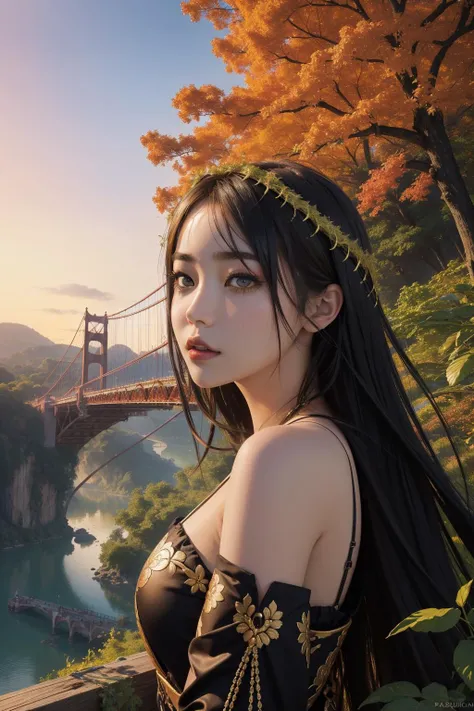 1girl, dramatic Digital painting, majestic, Portrait of a Sublime [Robotic:Old:12] ("Lush Growth":1.3) , Discouraged Suspension bridge in background, crowded flora and nature, at Sunset, equirectangular 360, Horror, insane details, Shock Art, Black lighting, Circular polarizer, Oversaturated, dreamy, full of color, absurdres, beautiful