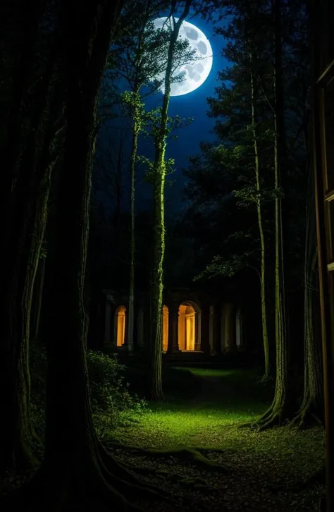 (good oil painting style, dry brush, dark studio, ethereal atmosphere, glowing atmosphere)
A lush forest bathed in the silver light of the moon, where ghostly creatures can be glimpsed among the branches.
Trees with leaves that shine with iridescent colors, flowers that open only at night and emanate an intoxicating aroma, vines that move with a life of their own. 
(luminescent circular ruins, hi-res, pastel colors)
<lora:intricatedetails:0.5> <lora:nighttime_v1:0.8>