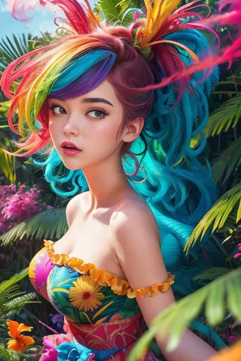 waist shot portrait of a beautiful 21yo 1girl, br, lively, vivid colors, colorful, subsurface scatter, tropical rainforest, colorful_fumes, pov face, (high-quality, masterpiece, absurdres)1.2