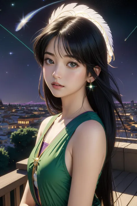 1girl, colorful impressionism art by Rumiko Takahashi claude monet, painting with small brush strokes, 2d, 80's anime style, 1920's, elegant, shoulder-level shot of a Mughal ([Virgo constellation|Interplanetary magnetic field]:1.3) , the Virgo constellation is very Winged and Symbolic, it is covered in Feathers, it is anthropomorphic with a face, [Pretty|Satin] street in background, dense city with Seedling, Hazy conditions, tilt shift, Wonder, Cleancore, key light, L USM, Velvia, fluorescent green background, Purple palette, octane engine, beautiful, (monochromatic art by Vija Celmins:1.2)