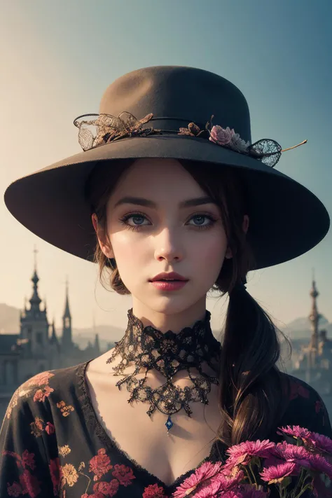 A mesmerizing mixed media masterpiece by T Mann, featuring a captivating conceptual portrait of a brunette Caucasian woman with long, cascading hair. She dons a striking wide-brimmed hat adorned with rich colors and intricate Zentangle patterns. The artist seamlessly merges the artistic styles of Anna Razumovskaya, Bernie Wrightson, Patrice Murciano, Paul Rand, Piet Mondrian, and T Mann himself, with a touch of photo-realism. The background is an enchanting landscape filled with whimsical animals, wildflowers, and elements of nature, delicately rendered with ethereal ink lines. The artwork masterfully combines vibrant, graffiti, illustration, and conceptual elements, emanating a cinematic and dark fantasy atmosphere. This stunning piece also incorporates aspects of painting, cinematic, dark fantasy, 3d render, vibrant, illustration, painting, architecture, cinematic, conceptual art, fashion, graffiti, portrait photography, product