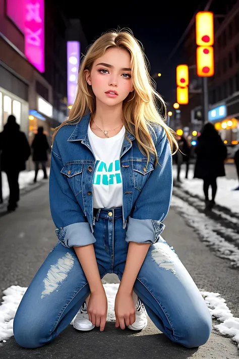 sad look, in neon city with bustling nightlife, looking up, street lights, absurdres, sexy outfit, perfect teeth, striped t-shirt dress, very deep neckline, young woman, beautiful, perfect body, masterpiece, best quality, watercolor painting, dutch angle, drooping eyelids and furrowed brow, dynamic pose, medium blonde hairs, model shot style, vibrant, artistic, detailed, downturned mouth, middle part hair style, winter, open clothes, denim jacket, kneeling, pretty and youthful face, intricate, high detail, tears in her eyes, textural, white sneakers, pretty face, dark night, painterly, snow, 8k, neon lighting