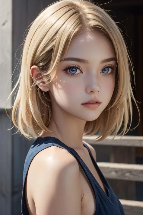 1girl, upper body, (masterpiece, best quality), RAW photo, 16k wallpaper, extremely detailed CG, amazing, ultra detailed, hyperrealistic, official art, High quality texture, incredibly absurdres, highres, 18 years old, cute girl, blonde hair, beautiful face, detailed dark indigo eyes