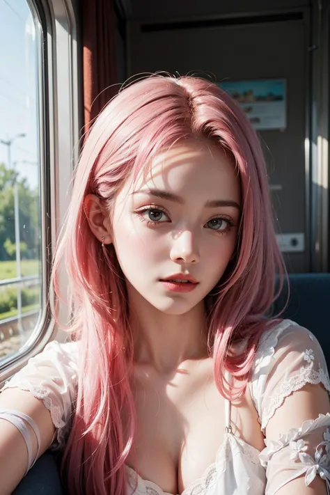 1girl, looking outside, in train, modern, relaxing, intricate details, pink hair, ((beautiful face)), (((best quality, masterpiece))),(((realistic))),