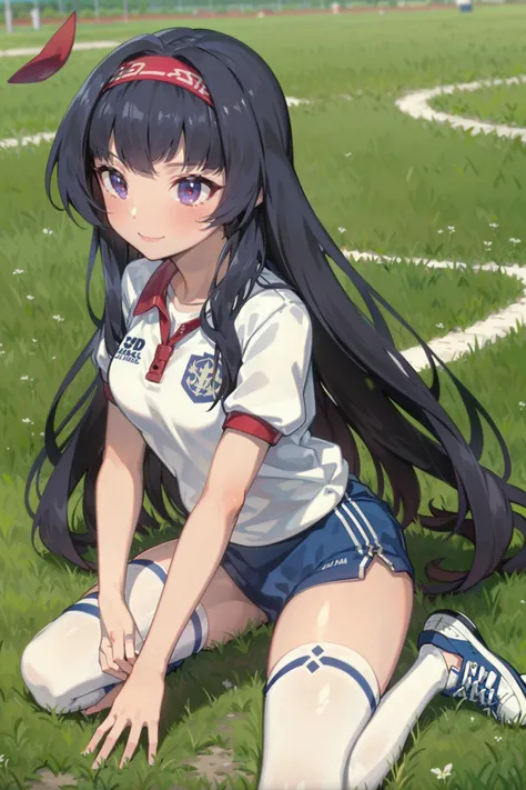 absurdres, high detail, uhd, track yard,
on grass, kneeling, stretching, light smile,
solo, curren, long hair, red_headband, gym uniform, white shirt, short sleeves, buruma, white thighhighs, sneakers, white footwear,
<lora:gomaotsu-curren-t2-000080:0.7>