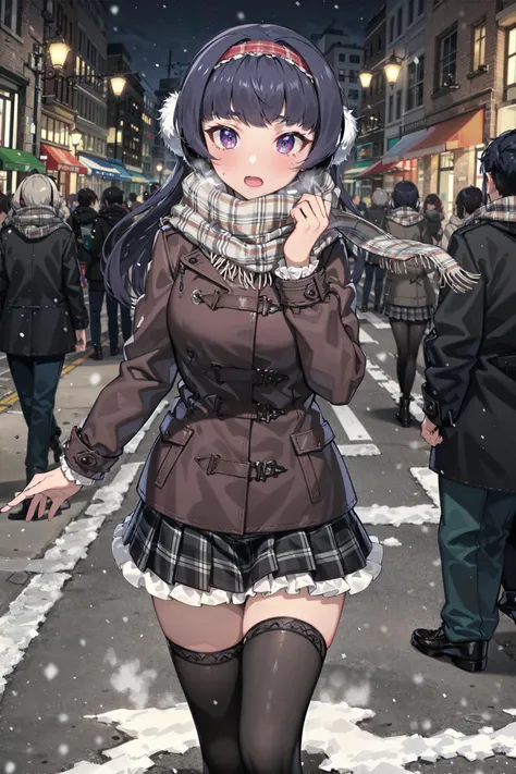 absurdres, high detail, uhd, city, street, snowing,
walking, trembling, steam,
curren, long hair, hairband, earmuffs, brown scarf, plaid scarf, red coat, duffel coat, frilled skirt, black thighhighs
<lora:gomaotsu-curren-t2-000080:0.7>