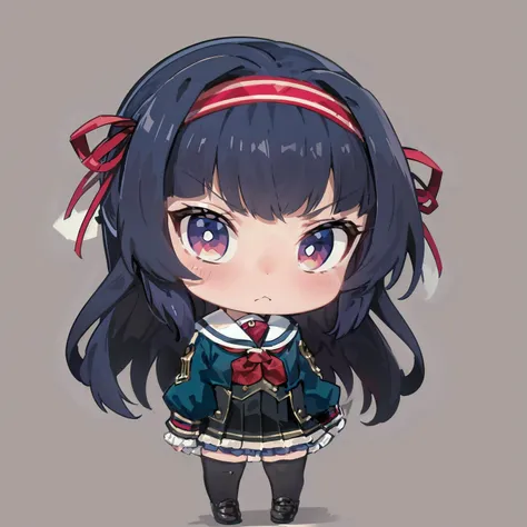 absurdres, high detail, uhd, simple background,
standing, frown, v-shaped eyebrows,
chibi, curren, school uniform, red hairband, hair ribbon, red shirt, frilled shirt, green jacket, long sleeves, crop top, red neckerchief, corset, pleated skirt, black thighhighs, loafers
<lora:gomaotsu-curren-t2:0.7>