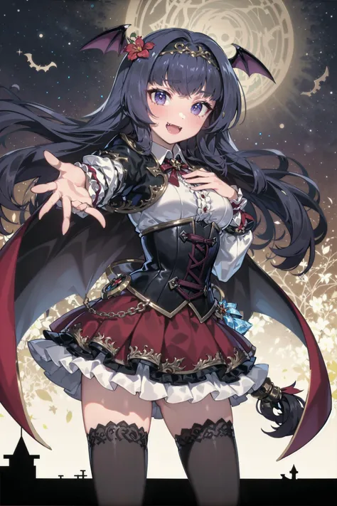 absurdres, high detail, uhd, comic, night, castle, crescent moon, bat, night,
standing, hand on own chest, outstretched arm, evil smile, fang,
solo, curren, head_wings, hairband, hair ornament, hair flower, white shirt, frilled_shirt, puffy_long_sleeves, corset, red_skirt, frilled_skirt, floral_print, two-sided_cape, black_cape, red_cape, black_thighhighs,
<lora:gomaotsu-curren-t2-000080:0.7>