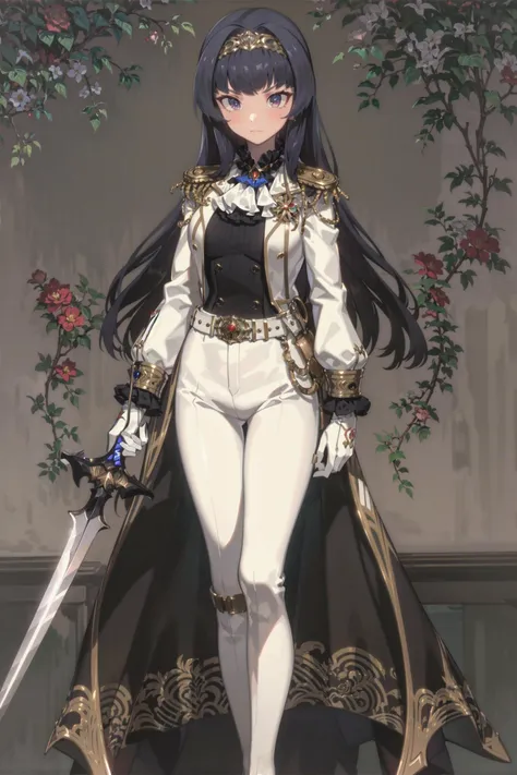 absurdres, high detail, uhd, mucha style, garden,
standing,holding_sword, sword, serious, expressionless, closed mouth, looking down,
solo, curren, formal, white_hairband, white_jacket, long_sleeves, ascot, white_shirt, epaulettes, gold_trim, white_gloves, white_pants, belt, thigh_boots, white_footwear,
<lora:gomaotsu-curren-t2-000080:0.8>