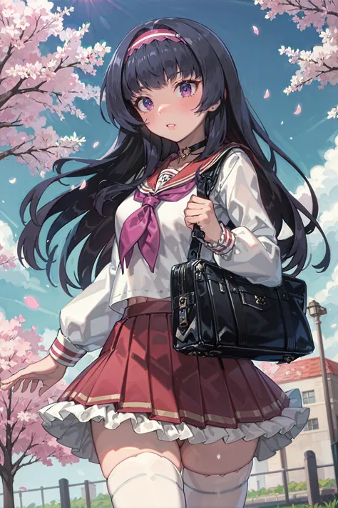 absurdres, high detail, uhd, park road, cherry blossoms, falling petals, wind, school background, isometric,
standing, holding school bag, expressionless, parted lips,
solo, curren, long hair, serafuku, hairband, hair ornament, hair bow, white shirt, pink sailor collar, neckerchief, long sleeves, choker, white thighhighs, pink skirt, frilled skirt, white thighhighs
<lora:gomaotsu-curren-t2-000080:0.7>
