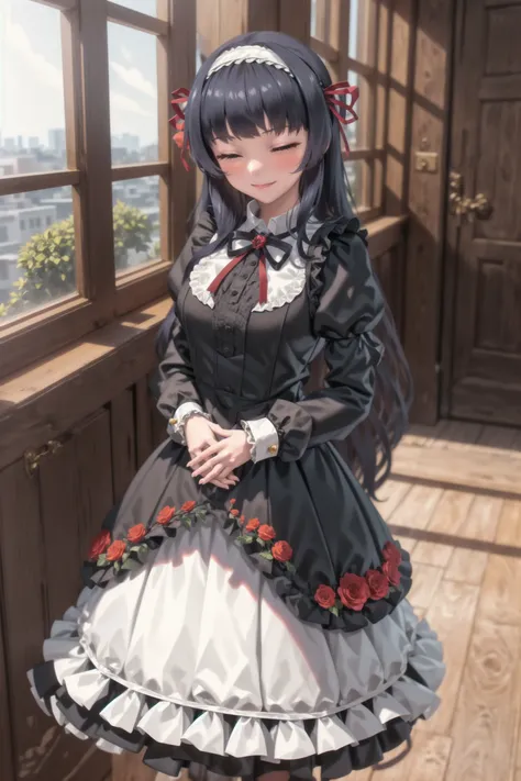 masterpiece, absurdres, high detail, uhd, western house, hallway, window, carpet, low chest, flower, art,
standing, light smile, closed eyes, v arms, own hands together,
curren, hairband, hair ribbon, gothic maid. juliet sleeves, long skirt,
<lora:gomaotsu-curren-t2-000080:0.7>