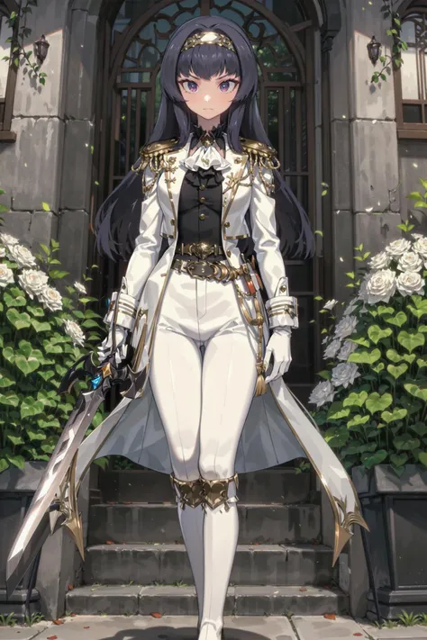 absurdres, high detail, uhd, art nouveau, garden,
standing,holding_sword, sword, serious, expressionless, closed mouth, looking down,
solo, curren, formal, white_hairband, white_jacket, long_sleeves, ascot, white_shirt, epaulettes, gold_trim, white_gloves, white_pants, belt, thigh_boots, white_footwear,
<lora:gomaotsu-curren-t2-000080:0.8>