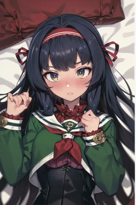 absurdres, high detail, uhd, night, bed bed sheet, upper body,
on back, looking away, full-face blush, expressionless, frown, parted lips,
curren, long hair, school uniform, red hairband, hair ribbon, red shirt, frilled shirt, green jacket, long sleeves, crop top, red neckerchief, corset, pleated skirt,
<lora:gomaotsu-curren-t2:0.7>