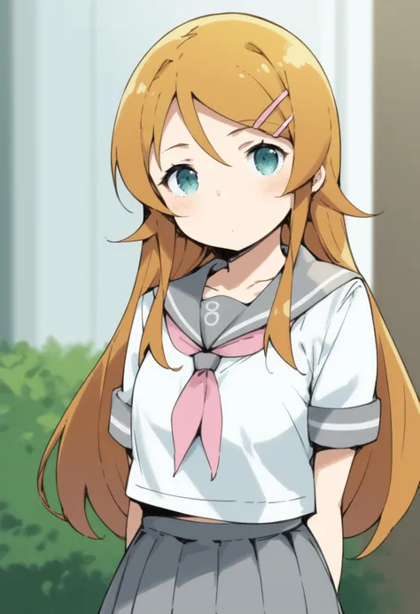 <lora:PONY-ç»-Sky Freedom:0.9> ,score_9, score_8_up, score_7_up, source_anime,solo,1girl,<lora:PONY-äºº-é«å æ¡ä¹:0.8>,kirino kousaka, long hair, blue eyes, hair ornament, hairclip, orange hair, aqua eyes,skirt, school uniform, serafuku, shirt, white shirt, grey sailor collar, grey skirt, pleated skirt, neckerchief, pink neckerchief,, uncensored,<lora:add-detail-xl:1>,<lora:Expressive_H-000001:0.8>