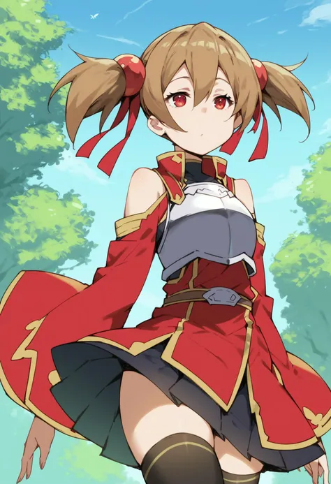 <lora:PONY-ç»-Sky Freedom:0.9> ,score_9, score_8_up, score_7_up, source_anime,solo,1girl, <lora:PONY-人-绫éçªå:0.8>,keiko ayano, short hair, brown hair, red eyes, ribbon, hair between eyes, twintails, hair ribbon, red ribbon, short twintails,skirt, thighhighs, pleated skirt, black thighhighs, miniskirt, black skirt, armor, zettai ryouiki, breastplate, bare shoulders, dress, red dress,, uncensored,<lora:add-detail-xl:1>,<lora:Expressive_H-000001:0.8>