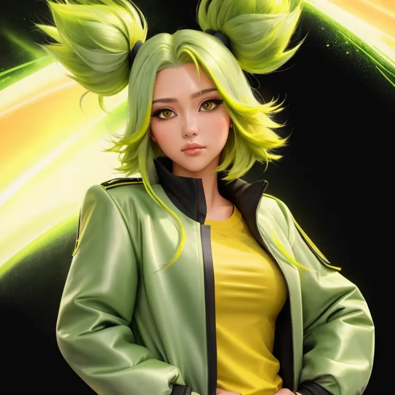 green hair, 1girl, twintails, medium hair, blush, bangs, yellow eyes, solo focus, shiny hair, full dressed, full body portrait, gray jacket, yellow shirt, <lora:zeriLeagueOfLegends_v10:0.6>