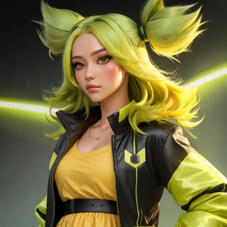 green hair, 1girl, twintails, medium hair, blush, bangs, yellow eyes, solo focus, shiny hair, full dressed, full body portrait, gray jacket, yellow shirt, <lora:zeriLeagueOfLegends_v10:0.6>