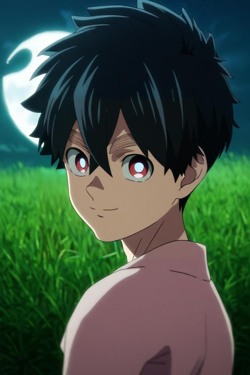 A young man with black hair and red eyes standing in a field - SeaArt AI