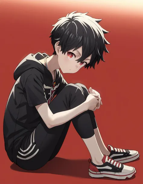 score_9, score_8_up, score_7_up, score_6_up, source_anime, red background, backlighting, from side, full body, dutch angle, 1boy, solo, kabane_kusaka, black hair, red eyes, short hair, hair between eyes, looking at viewer, black hoodie, short sleeves, black pants, necklace, sitting, hugging own legs <lora:kabane_kusaka_pony:0.7> <lora:luye-yuan_PDXL_ot_v1-prodigy:1>