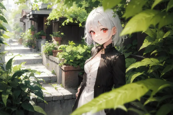 1girl,<lora:Qjzw11(100):0.8>,(women, small breasts, head, white hair, smile, red eyes :1.1), white hair, short hair, galaxy background, looking at viewer,(depth of field, blurry,