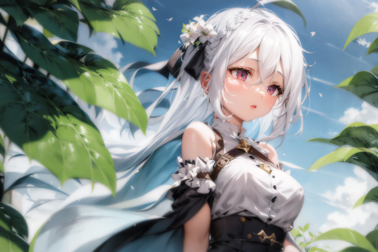 Anime girl with long white hair and blue dress standing in front of ...