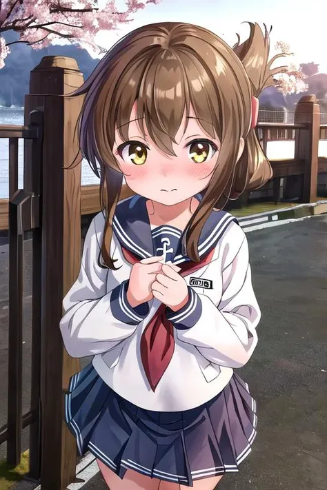 masterpiece, best quality,ultra detail, <lora:anmnr01:0.3>  <lora:add_detail:0.5>,<lora:GoodHands-vanilla:0.7>petite, inazuma_kantaicollection <lora:inazuma_kantaicollection:0.7>,outdoor,shy,sailor uniform