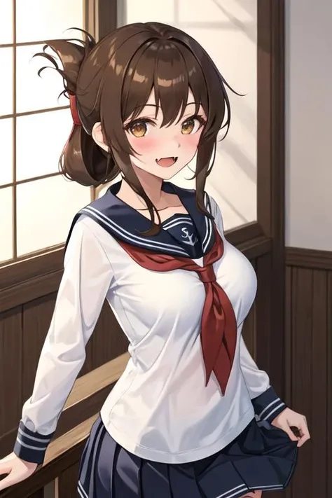 best quality, masterpiece, highres, solo, {inazuma_kantaicollection:1.15}, brown_hair, folded_ponytail, brown_eyes, serafuku, long_hair, blush, open_mouth, smile, 1girl, aged_up, alternate_breast_size, bangs, blue_skirt, breasts, fang, large_breasts, long_sleeves, looking_at_viewer, neckerchief, pleated_skirt, red_neckerchief, sailor_collar, school_uniform, sidelocks, skin_fang, skirt, blue_sailor_collar