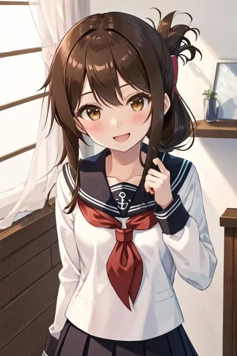 best quality, masterpiece, highres, solo, {inazuma_kantaicollection:1.15}, brown_hair, folded_ponytail, brown_eyes, serafuku, long_hair, blush, open_mouth, smile, 1girl, anchor_symbol, black_skirt, long_sleeves, looking_at_viewer, neckerchief, pleated_skirt, red_neckerchief, sailor_collar, school_uniform, skirt, black_sailor_collar