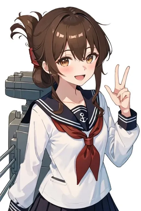 best quality, masterpiece, highres, solo, {inazuma_kantaicollection:1.15}, brown_hair, folded_ponytail, brown_eyes, serafuku, long_hair, blush, open_mouth, smile, 1girl, looking_at_viewer, sailor_collar, school_uniform, simple_background, upper_body, white_background, black_sailor_collar, neckerchief, red_neckerchief, anchor_symbol, long_sleeves