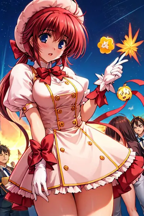 {{masterpiece}},{{best quality}},{{high resolution}},{{caustics}},{{detailed}},
convention_hall,tokyo_big_sight,
<lora:mizukicomi2:0.6>,mizuki_takase,comic_party,cardmasterpeach,magical girl, pink headwear, hat, multiple girls, bow, gloves,dress, wand, pink bow, cosplay, , short sleeves, puffy sleeves, short hair, blush, multiple boys, puffy short sleeves, fuuin no tsue, white gloves, bowtie, wings, holding,, ribbon, kero, star (symbol), red bow,