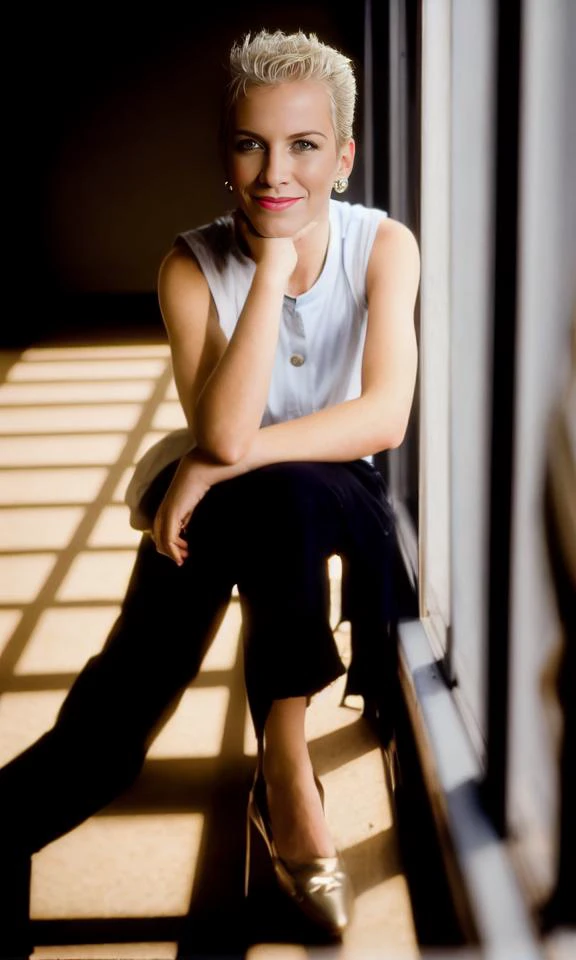 <lora:annie_lennox_v1.5c1:1> nnlnnx, short blonde hair, smiling, sitting on a ledge with her legs crossed and her hand on her hips, Claire Falkenstein, portrait photography, a picture, american barbizon school