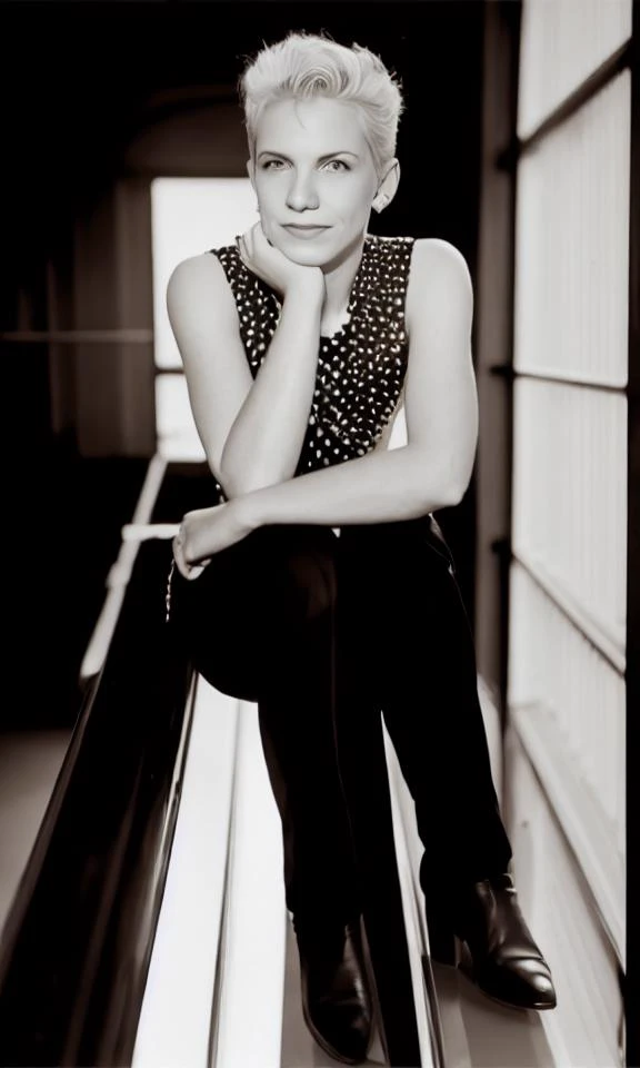 <lora:annie_lennox_v1.5c1:1> nnlnnx, short blonde hair, smiling, sitting on a ledge with her legs crossed and her hand on her hips, Claire Falkenstein, portrait photography, a picture, american barbizon school