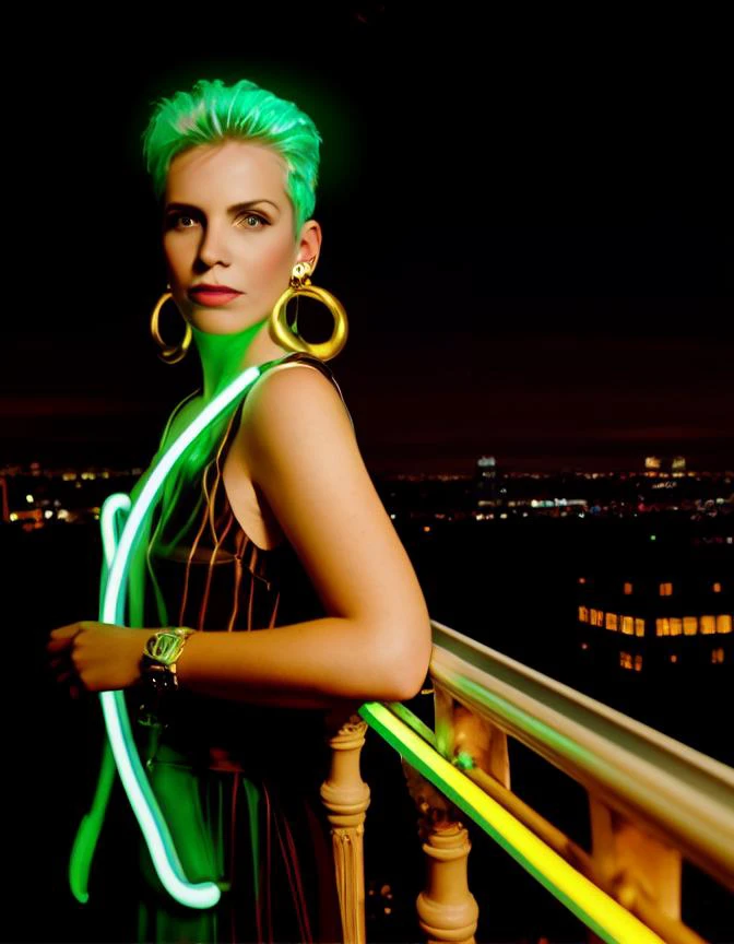 <lora:annie_lennox_v1.5c1:1> nnlnnx, short blonde hair, earrings, on a balcony, glass railing, at night, realistic, (neon lighting:1.2), depth of field, bokeh, 4K, HDR. by (James C. Christensen:1.2|Jeremy Lipking:1.1).