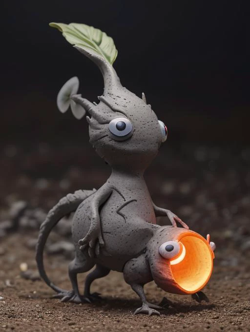 best quality, masterpiece, highres, detailed, creature, tiny, <lora:Detail - add_detail:0.2>, Pikmin, Pikmins, grey creature, clay creature, carrying toy, <lyco:Misc - Pikmin:0.9>, glowing eyes,