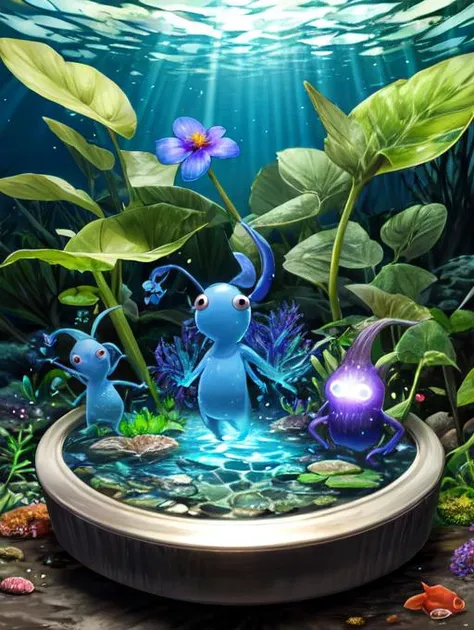 best quality, masterpiece, highres, detailed, creature, tiny, <lora:Detail - add_detail:0.2>, Pikmin, Pikmins, flower, blue creature, underwater, algae, glowing, <lyco:Misc - Pikmin:0.9>, long ears, black eyes,