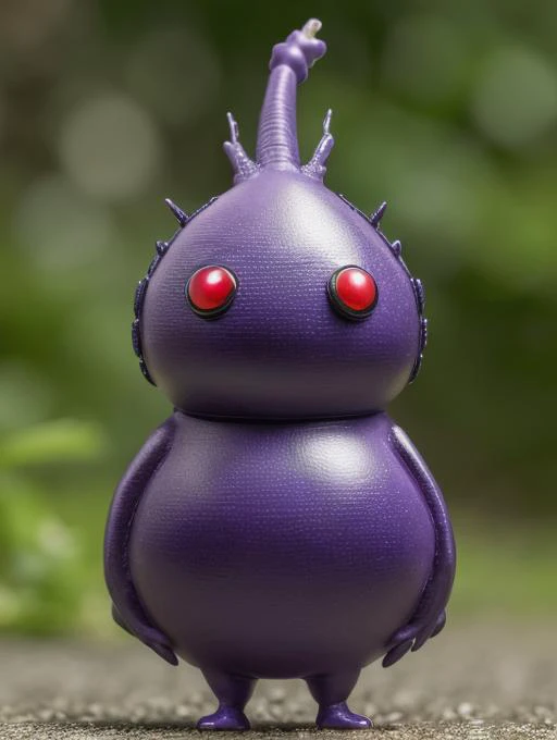 best quality, masterpiece, highres, detailed, creature, tiny, <lora:Detail - add_detail:0.2>, Pikmin, Pikmins, purple creature, fat, carrying toy, <lyco:Misc - Pikmin:0.9>, red eyes,