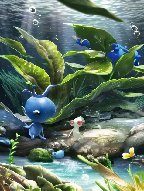 best quality, masterpiece, highres, detailed, creature, tiny, <lora:Detail - add_detail:0.2>, Pikmin, Pikmins, flower, blue creature, underwater, algae, glowing, <lyco:Misc - Pikmin:0.9>, long ears, black eyes,