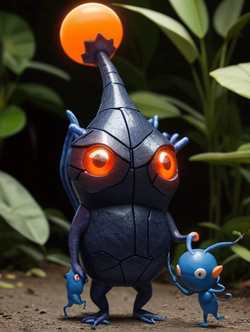 best quality, masterpiece, highres, detailed, creature, tiny, <lora:Detail - add_detail:0.2>, Pikmin, Pikmins, orange creature, mascot, carrying toy, <lyco:Misc - Pikmin:0.9>, glowing eyes,