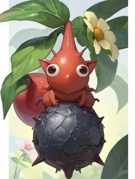 best quality, masterpiece, highres, detailed, creature, tiny, <lora:Detail - add_detail:0.2>, Pikmin, Pikmins, flower, red creature, carrying fruit, <lyco:Misc - Pikmin:0.8>