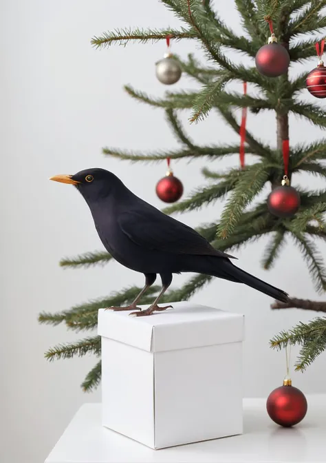 <lora:eurasian blackbird SDXL-000002:1>
eurasian blackbird,turdus merula,best quality, high quality, highres, masterpiece,bird, christmas tree, solo, christmas, christmas ornaments, christmas present, christma,indoors, Standing on a white box,