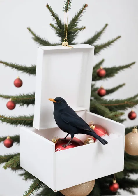 <lora:eurasian blackbird SDXL-000002:1>
eurasian blackbird,turdus merula,best quality, high quality, highres, masterpiece,bird, christmas tree, solo, christmas, christmas ornaments, christmas present, christma,indoors, Standing on a white box,