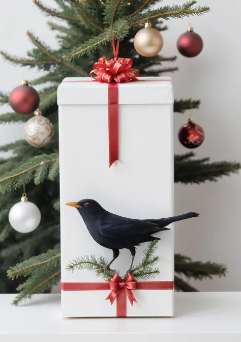 <lora:eurasian blackbird SDXL-000002:1>
eurasian blackbird,turdus merula,best quality, high quality, highres, masterpiece,bird, christmas tree, solo, christmas, christmas ornaments, christmas present, christma,indoors, Standing on a white box,