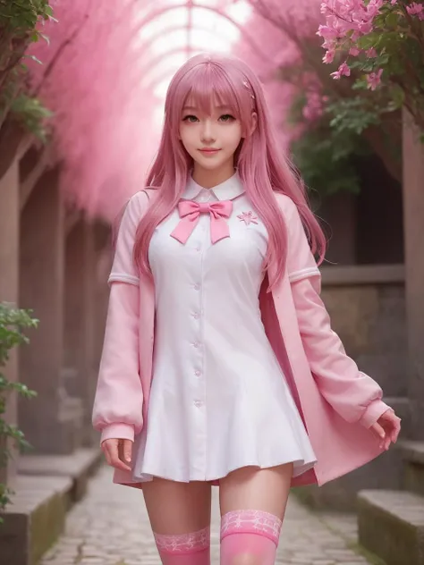 pink,pink world,best quality,masterpiece,ray tracing, global illumination, solo, pink science fiction,pink magi the labyrinth of magic, symmetry, facing viewer, lucia, (light smile:0.5), looking at viewer, long hair, (((bangs))), depth of field, bioluminescence, 25-year-old girl,full body,pink winter uniform,pink high heels,pink thighhighs, no nipples, cinemagraph, 
 <lora:SDXL lucia 000001:0.8>  
 <lora:SDXL metal è§¦å metal:0.5>,metal,