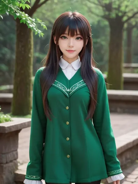 green,green world,best quality,masterpiece,ray tracing, global illumination, solo, green science fiction,green magi the labyrinth of magic, symmetry, facing viewer, lucia, (light smile:0.5), looking at viewer, long hair, (((bangs))), depth of field, bioluminescence, 25-year-old girl,full body,green winter uniform,green high heels,black thighhighs, no nipples, cinemagraph, 
 <lora:SDXL lucia 000001:0.8>