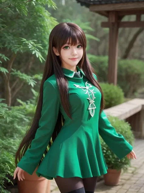 green,green world,best quality,masterpiece,ray tracing, global illumination, solo, green science fiction,green magi the labyrinth of magic, symmetry, facing viewer, lucia, (light smile:0.5), looking at viewer, long hair, (((bangs))), depth of field, bioluminescence, 25-year-old girl,full body,green winter uniform,green high heels,black thighhighs, no nipples, cinemagraph, 
 <lora:SDXL lucia 000001:0.8>